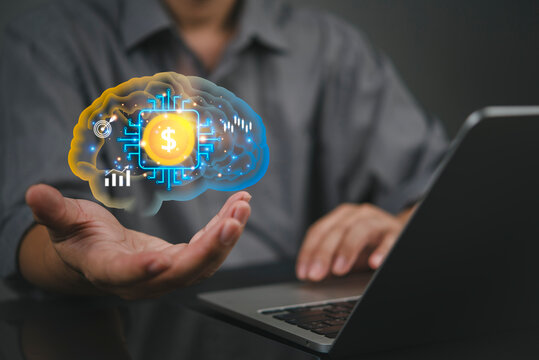 Businessman hand holding virtual brain with dollar money chip using laptop computer. AI technology concept for financial investment growth. Smart fintech economy profit mindset strategy innovation.