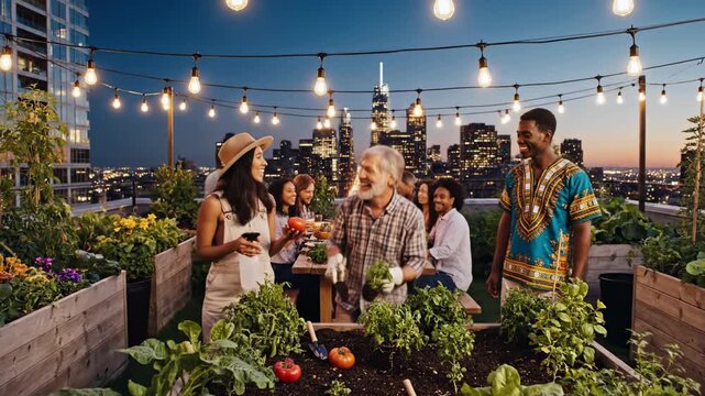 Group harvests vegetables in a rooftop garden at dusk, illuminated by string lights, with city skyline