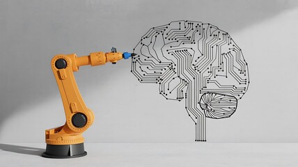 Artificial intelligence robot arm drawing brain circuit diagram ai automation technology concept