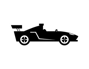 A sleek black silhouette of a race car, isolated on a white backdrop