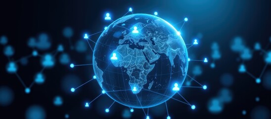 Fototapeta premium Digital globe interconnected with network nodes and glowing social icons.