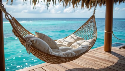 Hammock overlooking tranquil turquoise waters in a tropical setting.