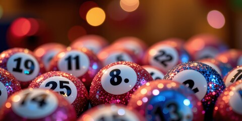 Colorful bingo balls arranged with various numbers in a vibrant setting.