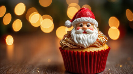 Obraz premium A festive cupcake topped with red frosting and a cute Santa Claus decoration sits against a warm, glowing holiday background.
