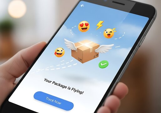 Tracking app on smartphone with flying package and cheerful emojis. - Powered by Adobe
