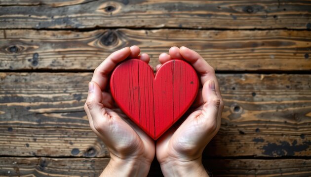 Hands holding a red wooden heart on a rustic wooden surface.