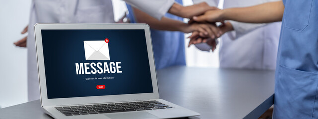 Email notification message showing on computer screen brisk. Digital marketing message information text from business to customer client