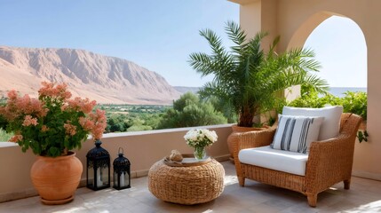 Obraz premium Balcony with wicker furniture overlooking desert mountains