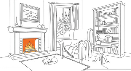 Interior living room fireplace armchair cat cozy winter books home relax