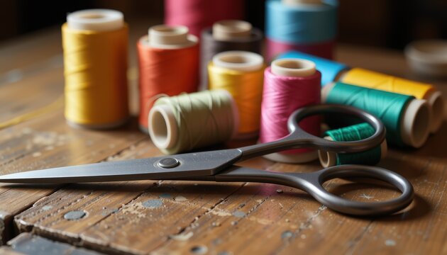 Colorful spools of thread with scissors on a wooden table create a vibrant sewing scene. - Powered by Adobe