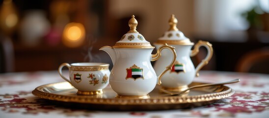 Fototapeta premium Elegant tea set with intricate design and steam rising, arranged on a decorative tray.