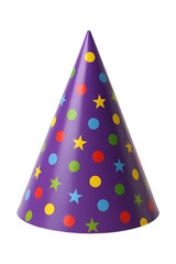 Purple Party Hat with Colorful Dots and Stars High quality Realistic image.