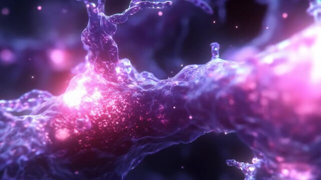 Abstract close-up of purple, textured matter with glowing orbs