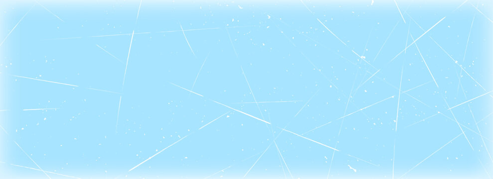 Scratched ice surface texture. Blue icy background with skate traces, cracks, scratches. Frozen lake or pond water wallpaper with dots, spots and lines. Winter sport rink backdrop. Vector illustration