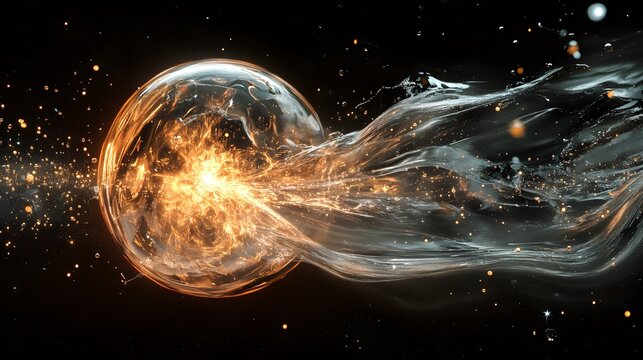Glowing orb with streaming energy and particles creates a dynamic cosmic scene against a dark background perfect for science and technology concepts - Powered by Adobe