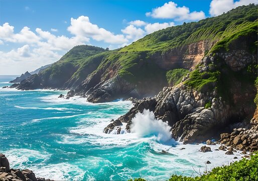 Dramatic ocean waves hitting a rocky tropical coast with green hills - Powered by Adobe