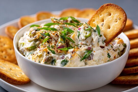 Creamy cheese dip with olives and crackers - Powered by Adobe