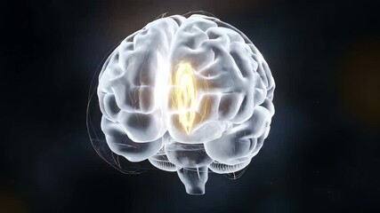 Transparent human brain anatomy illustrating active neural pathways with glowing effect - Powered by Adobe