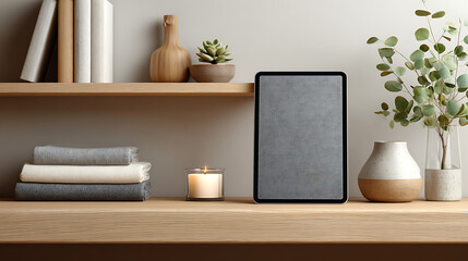 Fototapeta premium minimal home interior with silver tablet blank screen on wooden shelf illuminated by soft daylight