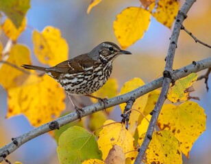 A small bird perched on a branch surrounded by yellow leaves