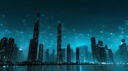Futuristic Cityscape: Digital Network Connections in Motion - Powered by Adobe