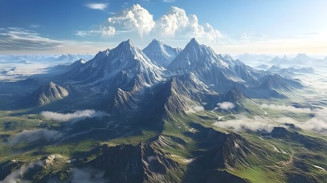 Majestic mountain range with snowcapped peaks under a cloudy sky creates a breathtaking landscape perfect for adventure and nature enthusiasts