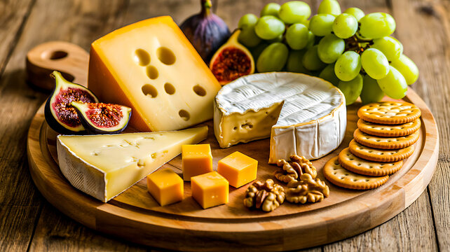 Assorted cheese platter with fruits nuts and crackers on wooden board
 - Powered by Adobe