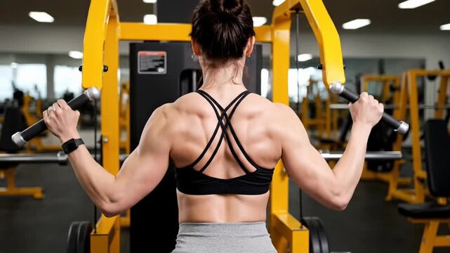 Strong woman training back muscles on a lat pulldown machine in a modern gym, showcasing her athletic physique and dedication to fitness.