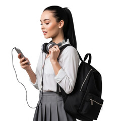 Girl in School Uniform with Backpack and Phone - Transparent Background