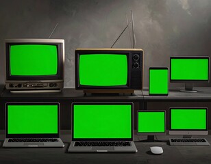 Assortment of screens with green display on a counter