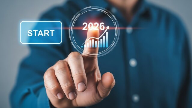 A person touching a screen with the year 2026 and a rising graph with a start button nearby
