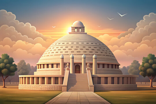 Abstract minimalist Sanchi Great Stupa, circle harmony, calm neutral palette.