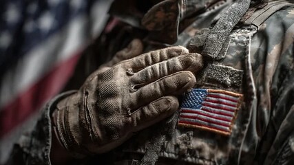 Patriotic Salute: A soldier places a hand over the heart, offering a solemn salute in front of the American flag. The scene embodies a deep sense of patriotism and service.