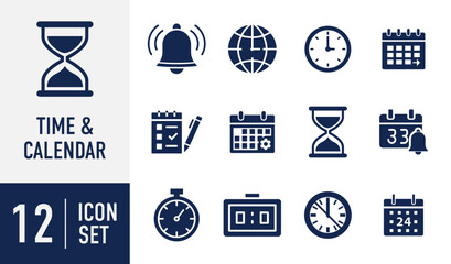 Time and Calendar icons set. featuring clocks, hourglasses, calendars, reminders, and scheduling tools for efficient planning. Vector. Solid icon collection