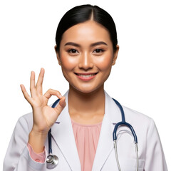 Asian doctor doing OK sign isolated on transparent background