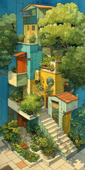 Whimsical Watercolor Illustration of a Colorful Stacked Building with Balconies, Lush Greenery, and Staircases, Evoking a Sense of Urban Oasis and