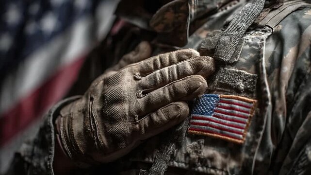 Patriotic Salute: A soldier places a hand over the heart, offering a solemn salute in front of the American flag. The scene embodies a deep sense of patriotism and service.