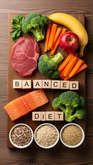 Healthy eating concept with fresh meat fish vegetables fruits and grains.