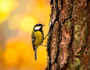 A small bird perched on the side of a textured tree trunk