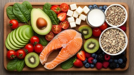 Healthy Eating - Fresh Food Platter with Salmon, Avocado, and Quinoa.
