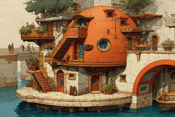 Whimsical Waterfront Architecture: A Detailed Illustration of a Unique Building with Dome, Bridges, and Water Canals in a Quaint European Style