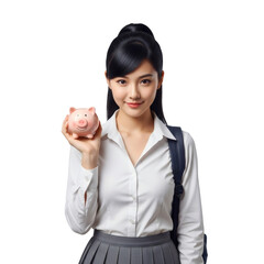 College Student Holding Piggy Bank on Transparent Background
