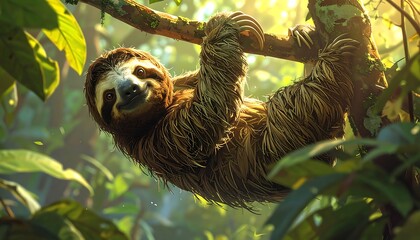 Naklejka premium A serene sloth hangs lazily from a tree branch.