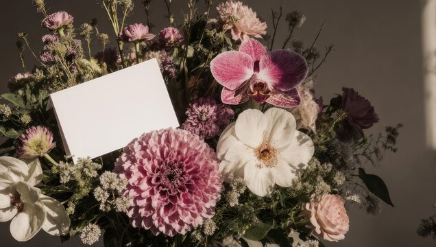 Elegant floral arrangement with blank card for personalized message.