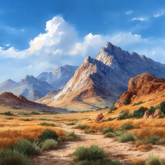 Scenic Mountain Landscape with Blue Sky and Clouds, Watercolor Painting Style, Serene Valley View, Rocky Peaks and Dry Grassland, Artistic Nature Illustration
