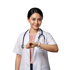 Asian Woman Doctor Checking the Time - Transparent Background