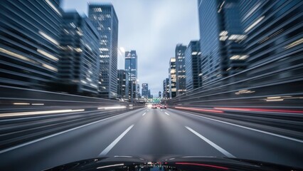 Fototapeta premium Motion blur view from a car driving through a city with skyscrapers on either side.