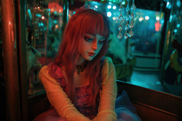 Dreamy Doll on Carousel with Red Hair and Ornate Dress, Moody Lighting and Vintage Charm, Evoking Nostalgia and Fantasy