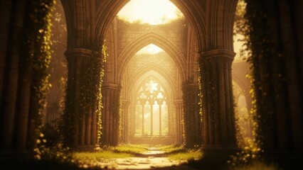 Fototapeta premium Ruins of an old cathedral with overgrown vines, bathed in golden sunlight streaming through arched windows.