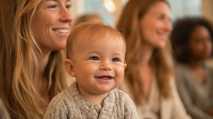 smiling baby attending parenting class with mothers portrait showing caring supportive environment infant development childcare and family connection